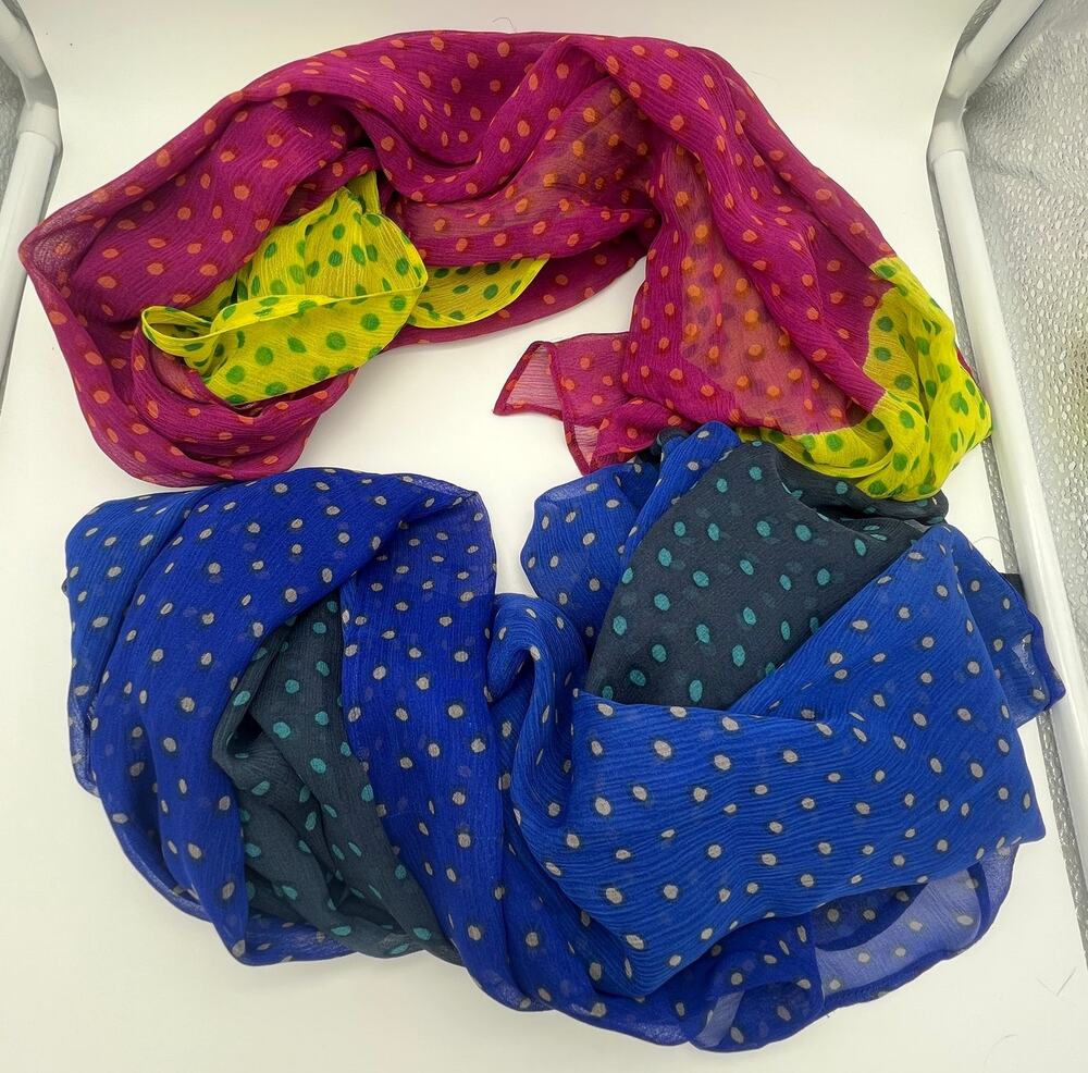 Gudrun Sjoden Sheer Silk Chiffon Summer Scarf Shawl Polka Dot Pink Yellow Blue